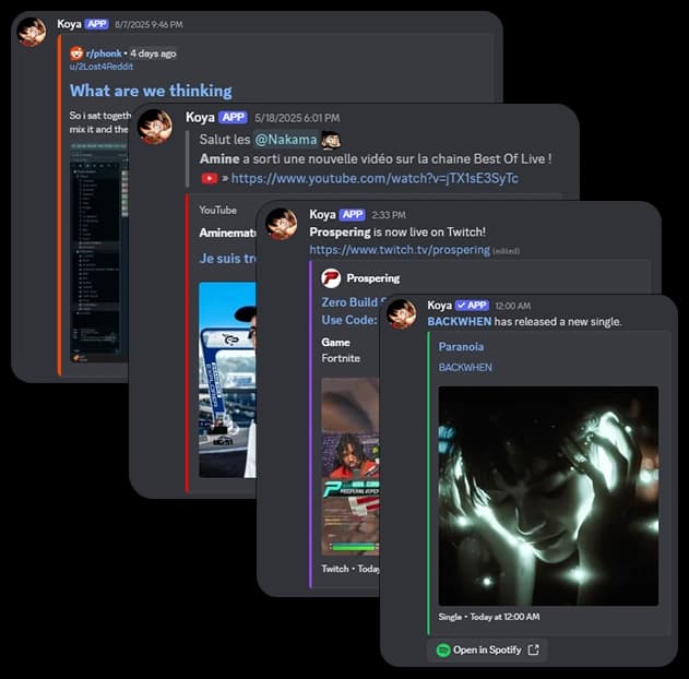 Koya Discord bot social alerts for YouTube, Twitch and RSS feeds